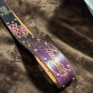 Beautiful Ed Hardy Floral Purple Leather Belt with Gold Studs